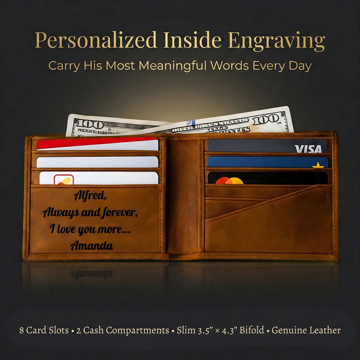 Brown leather wallet with personalized engraving on a dark background