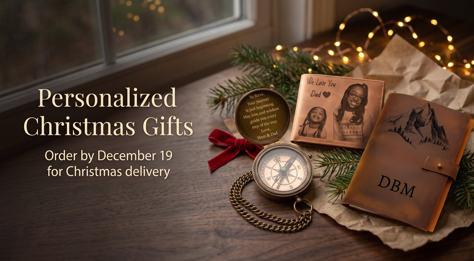 Personalized Christmas gifts: engraved brass compass, photo wallet and leather journal
