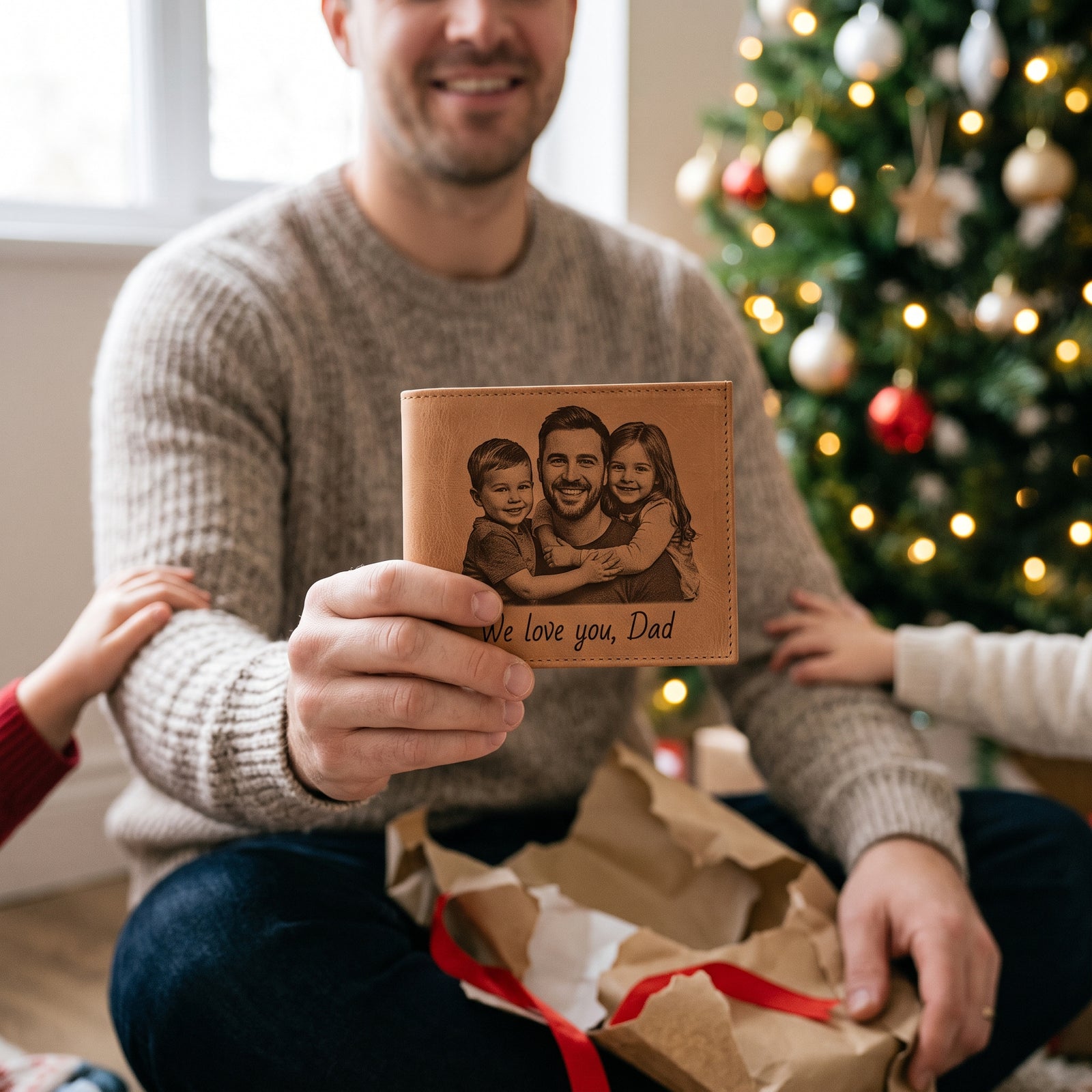 Dad holding a personalized photo wallet engraved with his kids on Christmas morning
