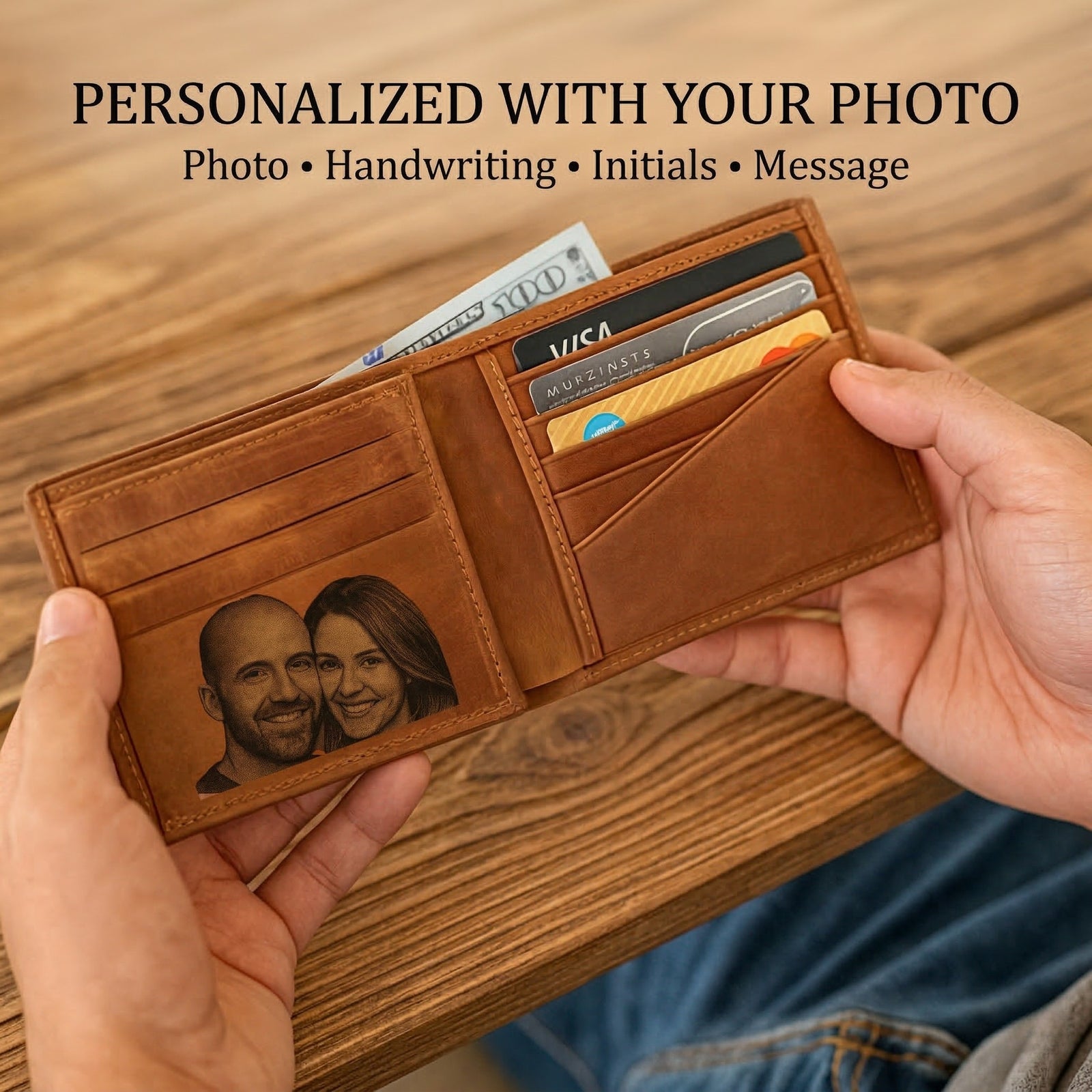 Brown leather pouch and bronze compass with 'Jayden' engraving on a wooden surface