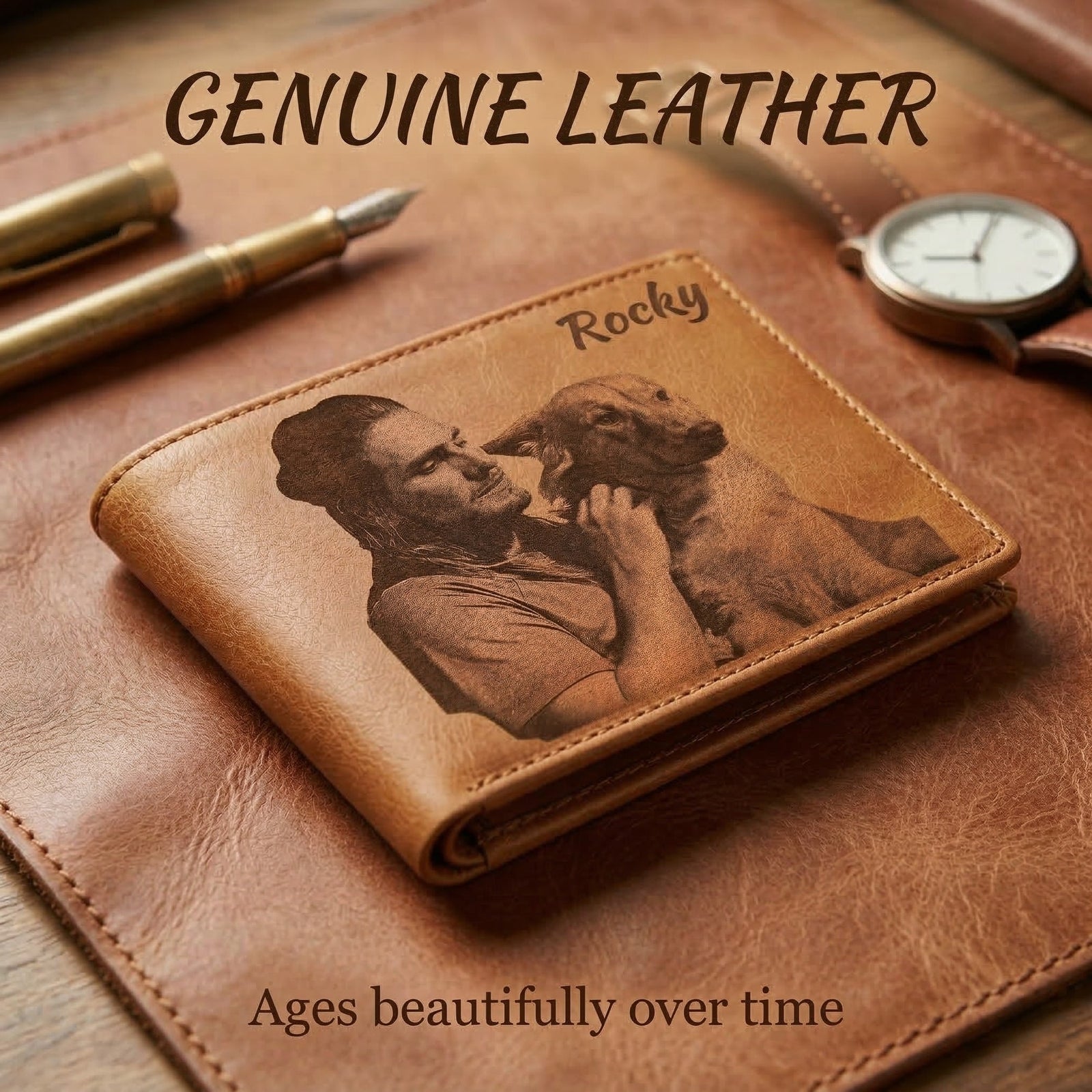 Personalized compass with engraved message on a wooden surface