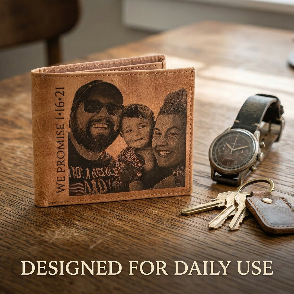 Brown leather wallet with family photo and text on a wooden surface with a watch and keys.