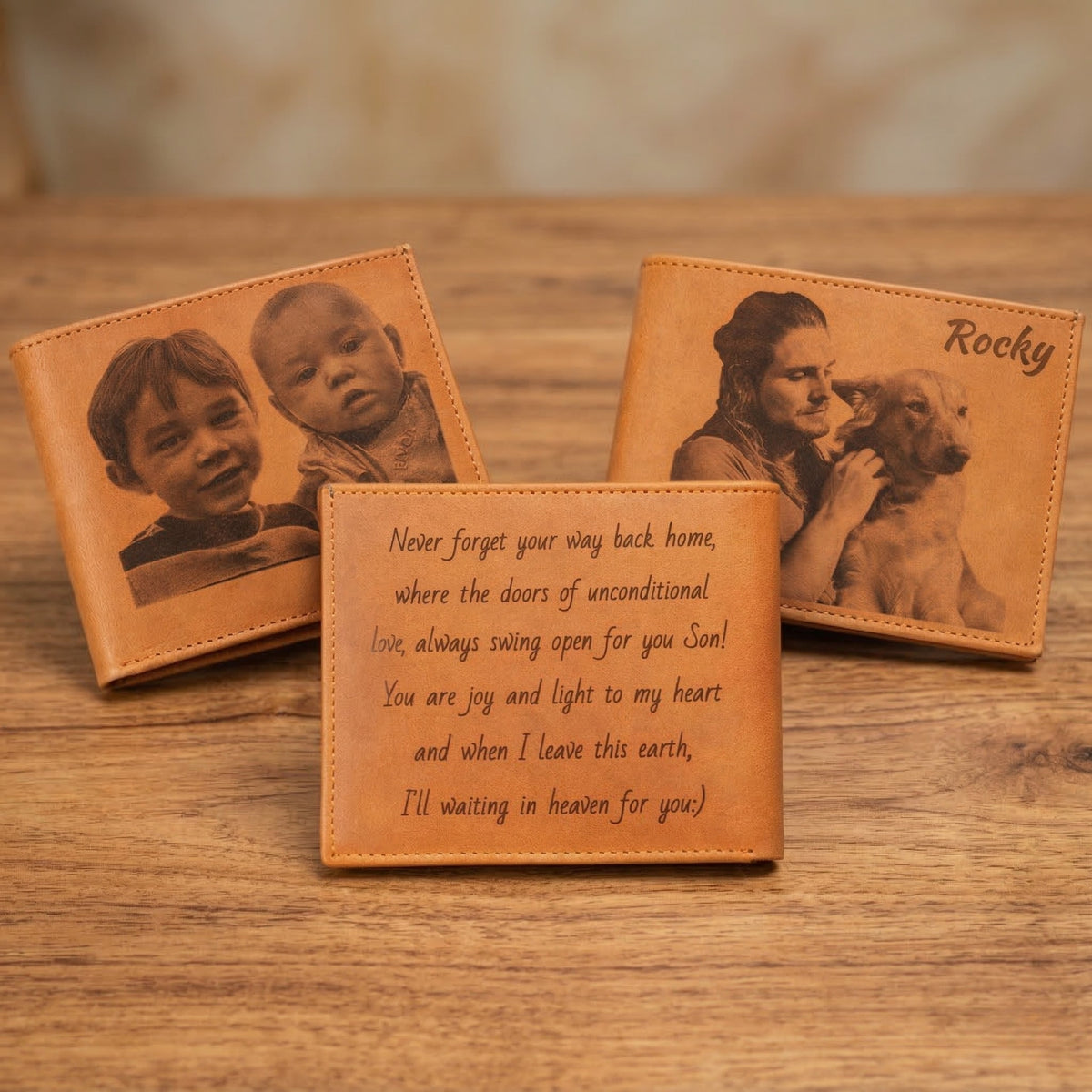 Personalized wallet on a wooden surface