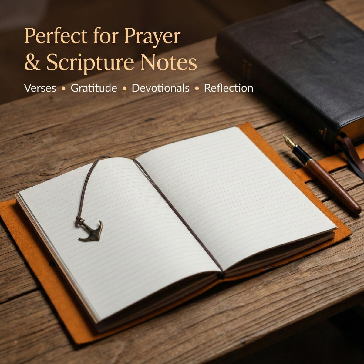 Open notebook with pen on a wooden surface, text 'Perfect for Prayer &amp; Scripture Notes' above.