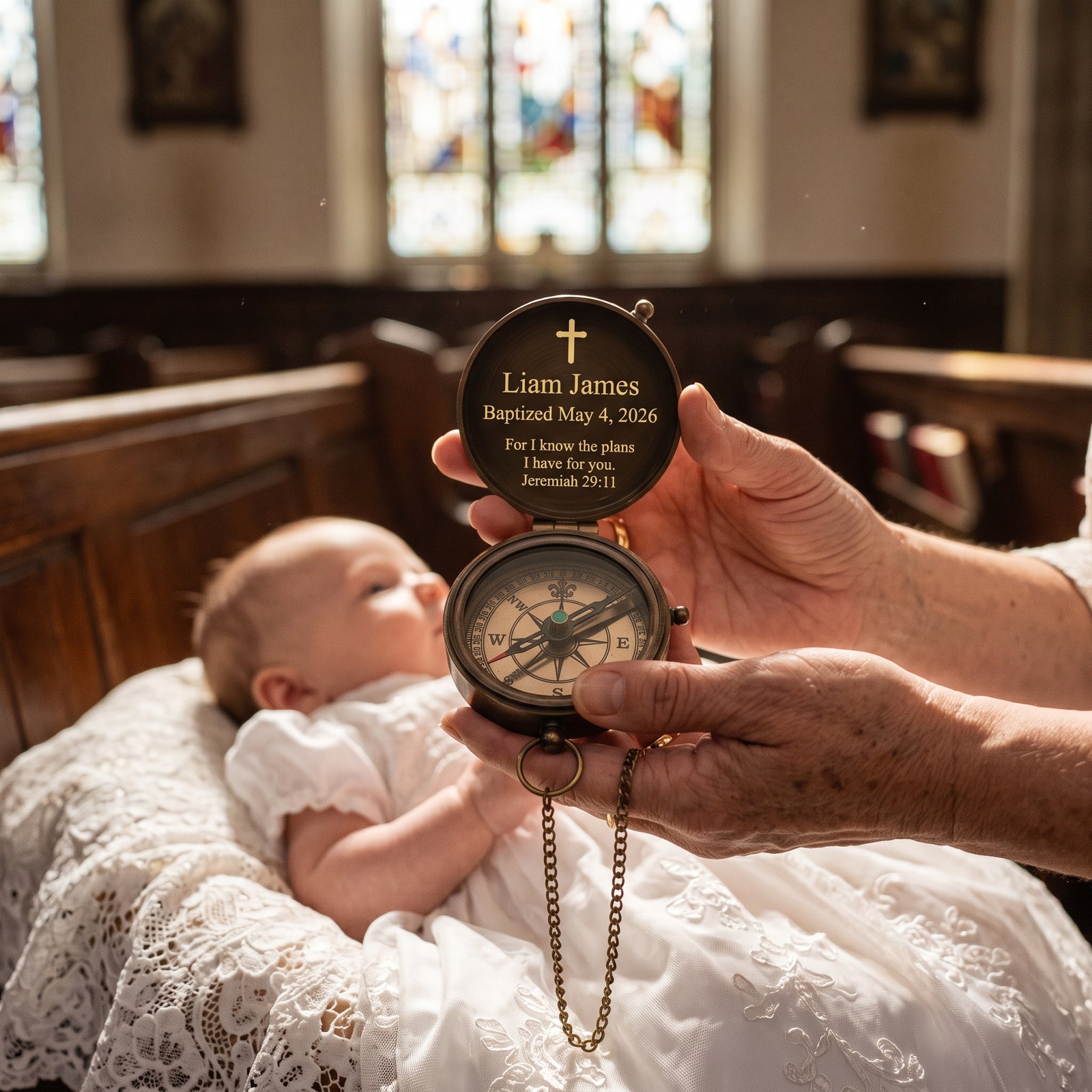 Engraved baptism compass with a cross and Bible verse held over a christening gown