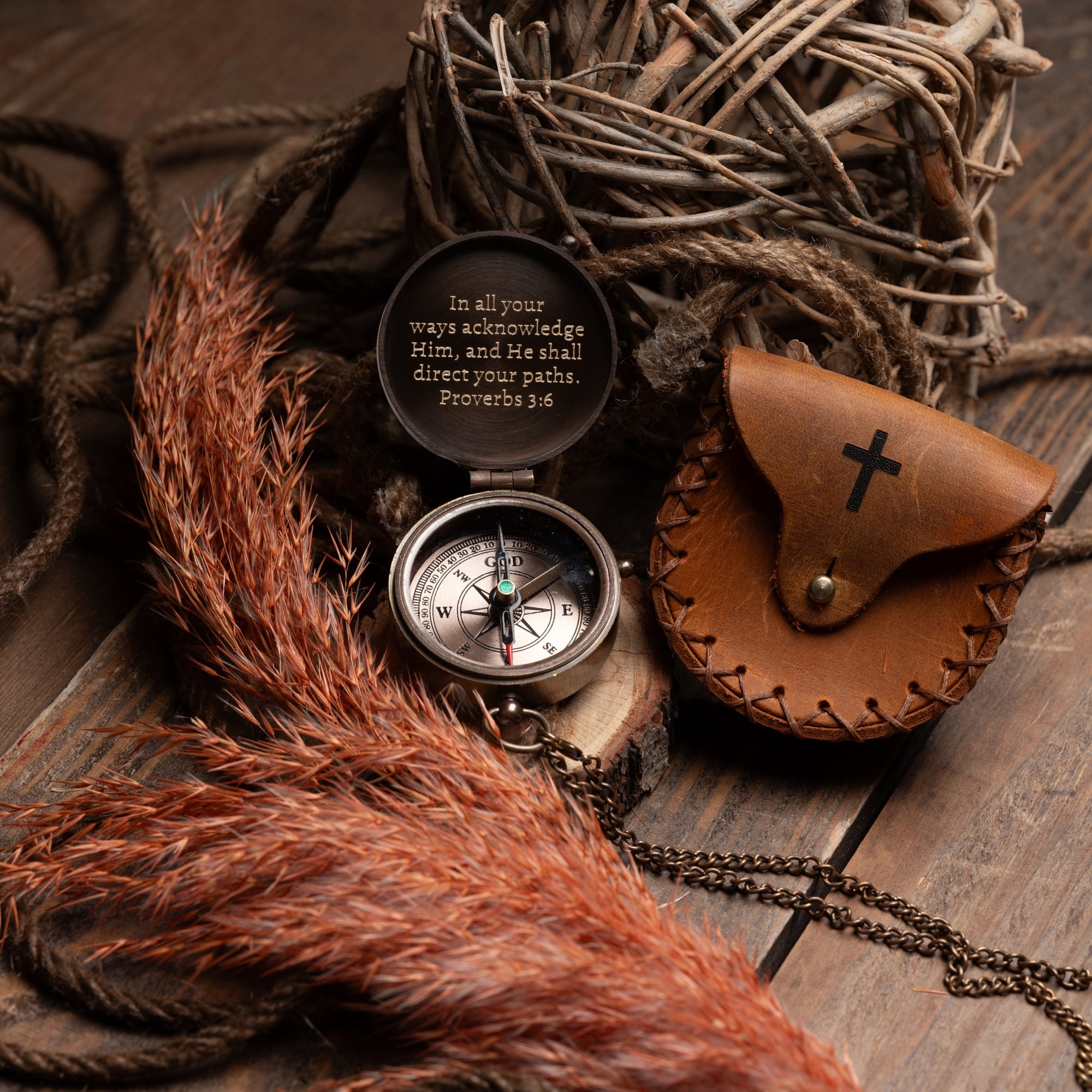 Engraved brass compass with Proverbs 3:6 – personalized baptism or confirmation gift with leather pouch