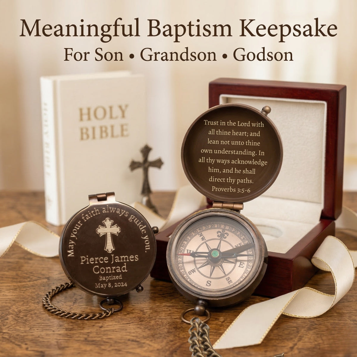 Personalized compass in a wooden box with religious text, suitable as a baptism keepsake for a son, grandson, or godson.