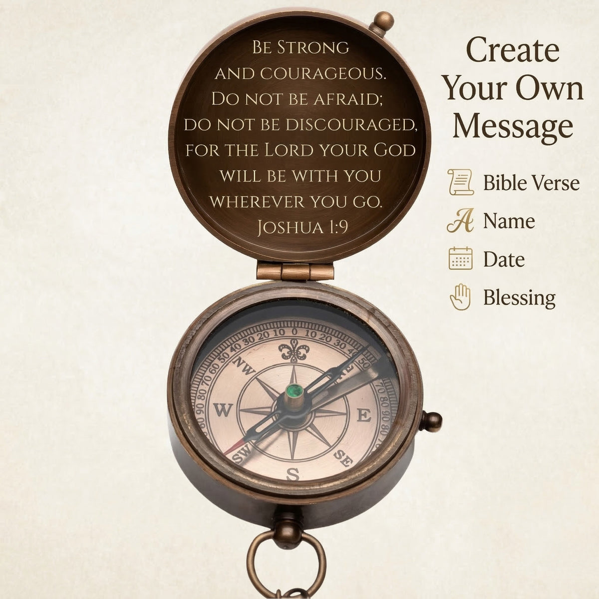 Decorative compass with engraved text on a beige background