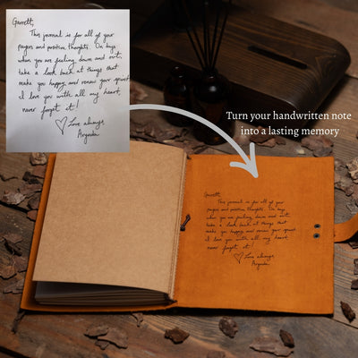 Personalized handmade leather journal notebook with custom handwriting engraving – SFDizayn