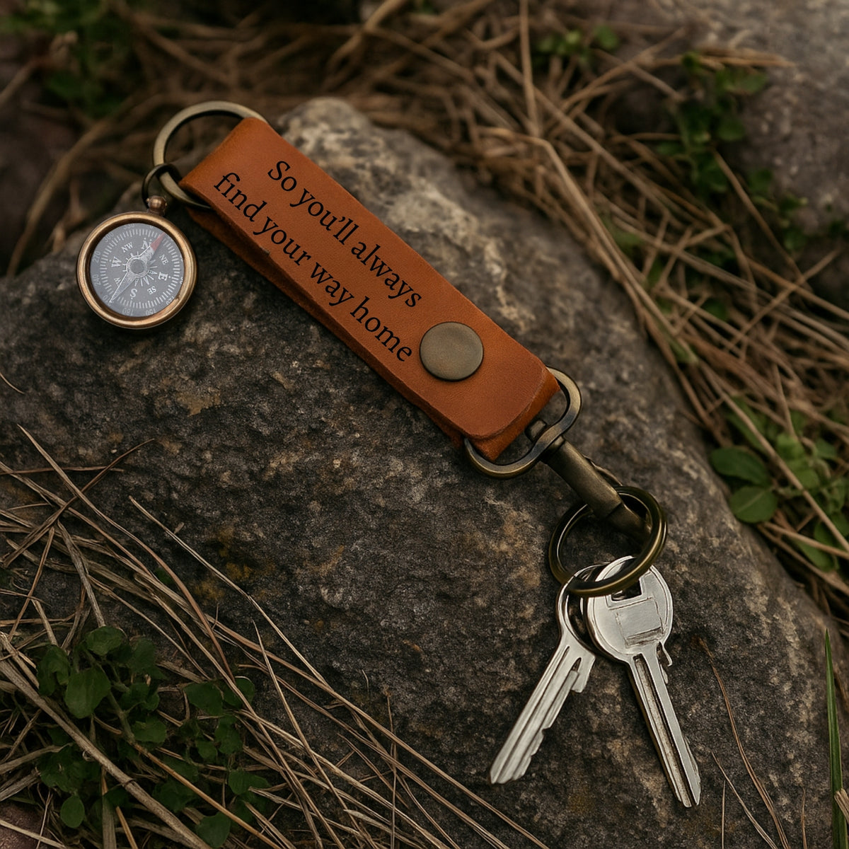 Keychain with compass and engraved text on a stone surface