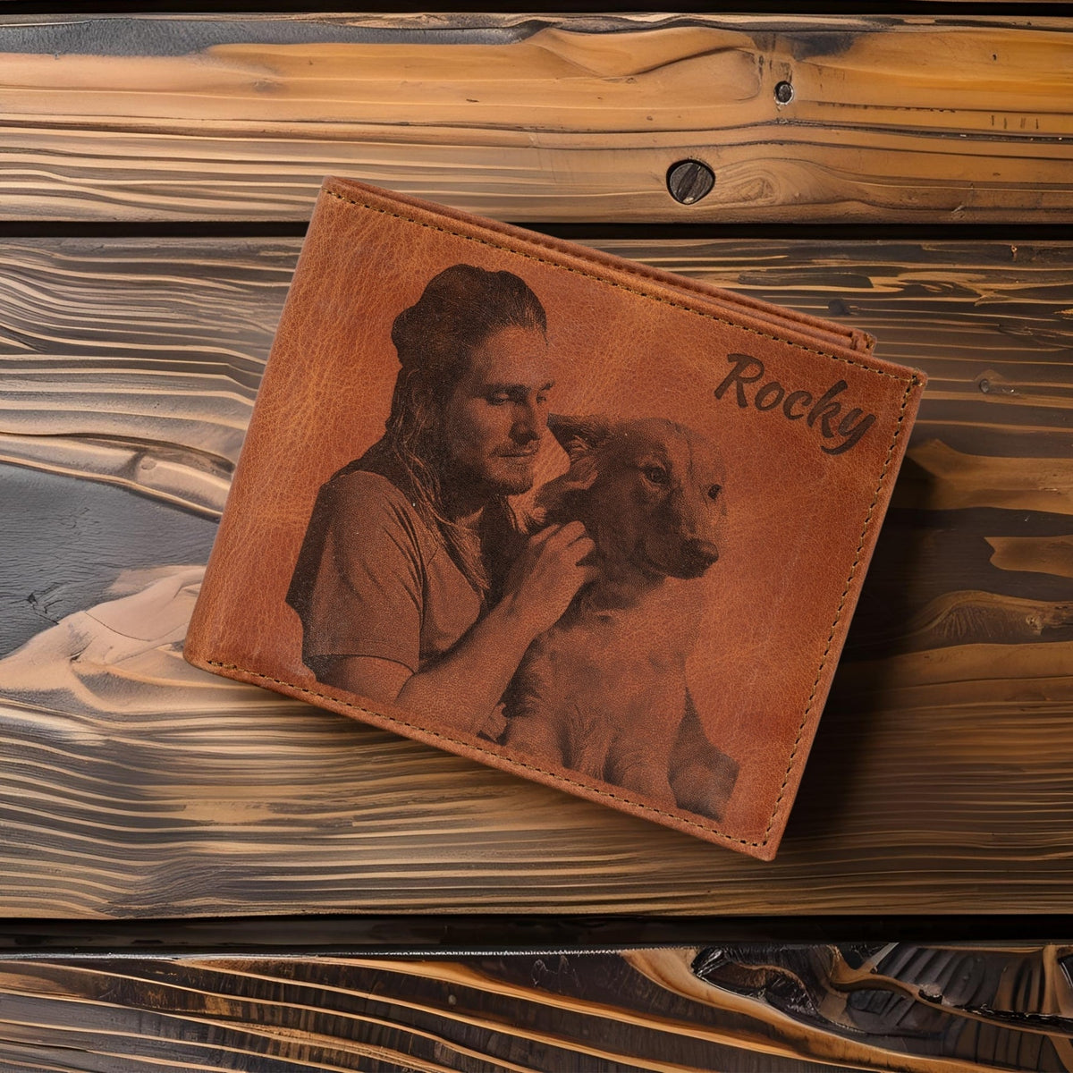 Custom engraved brown leather wallet for men – personalized with photo, name, or initials – SFDizayn