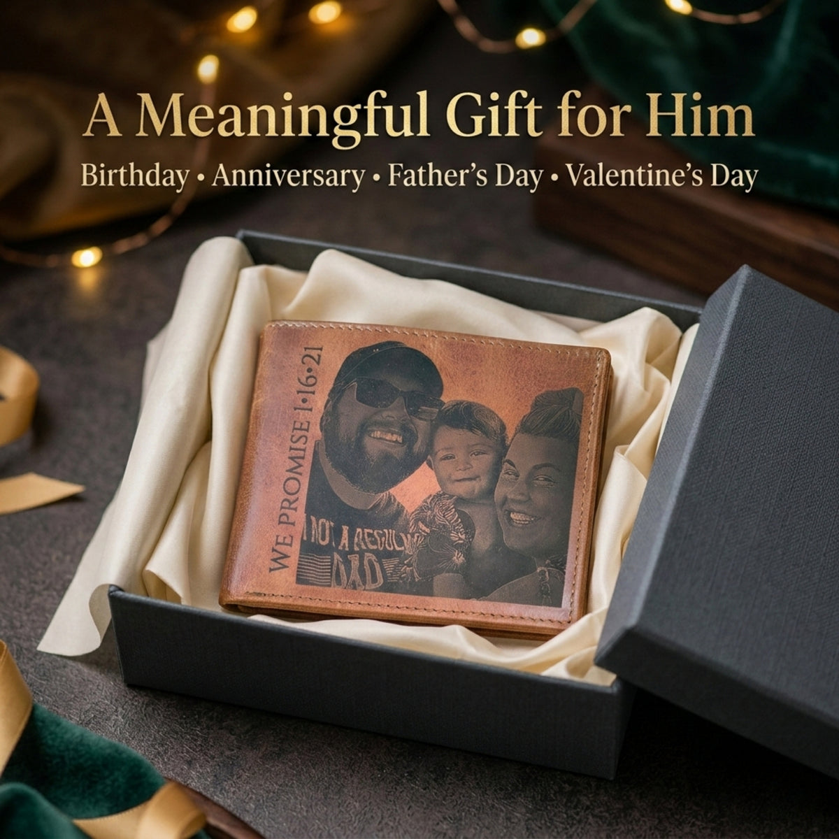 Personalized leather wallet with family photo in a gift box, suitable for special occasions.