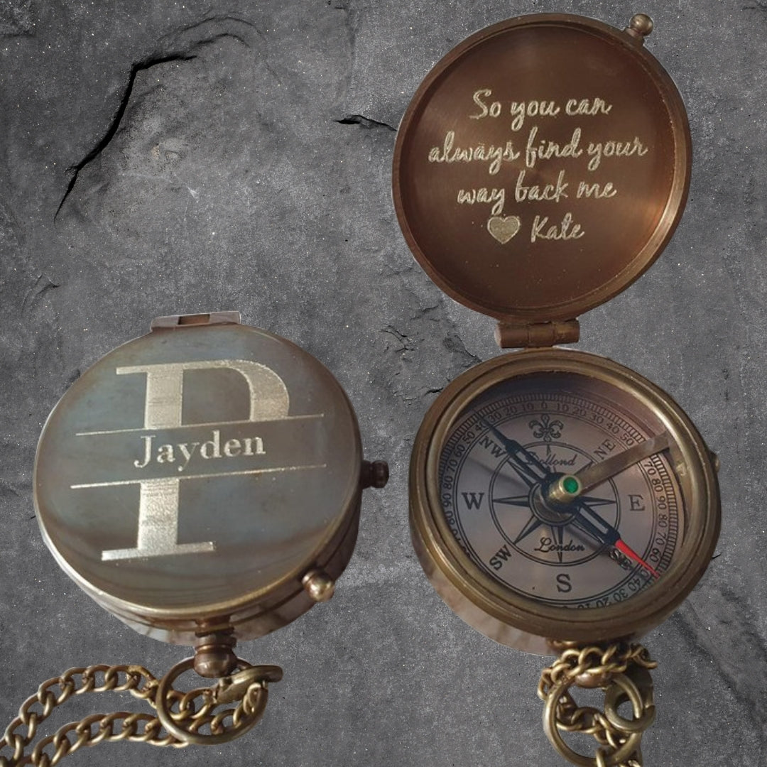 Personalized engraved brass compass with custom message, name, or photo – SFDizayn