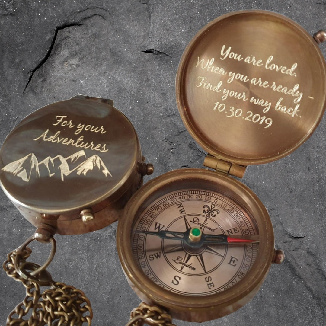Personalized engraved brass compass with custom message, name, or photo – SFDizayn