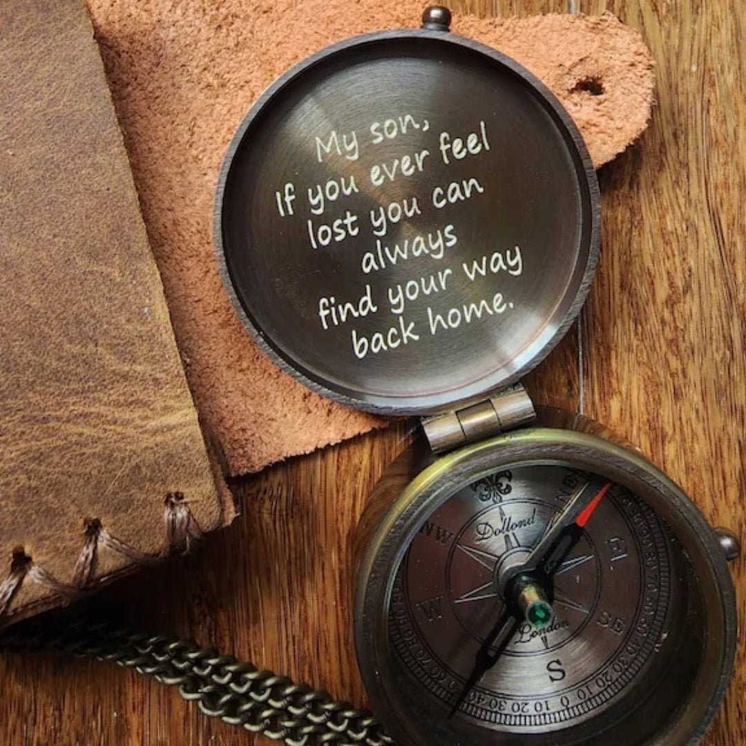 Personalized engraved brass compass with custom message, name, or photo – SFDizayn