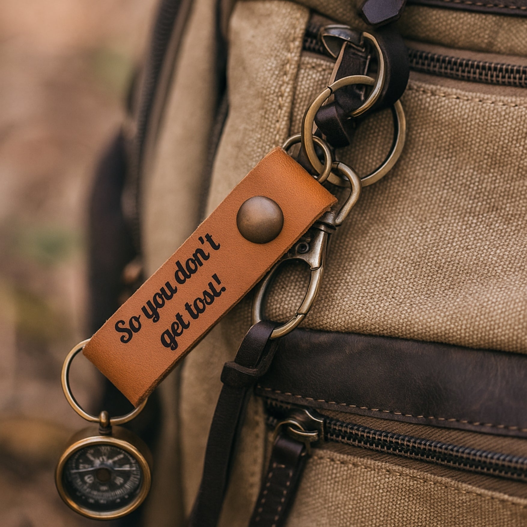 Leather keychain with compass and engraved text on a backpack