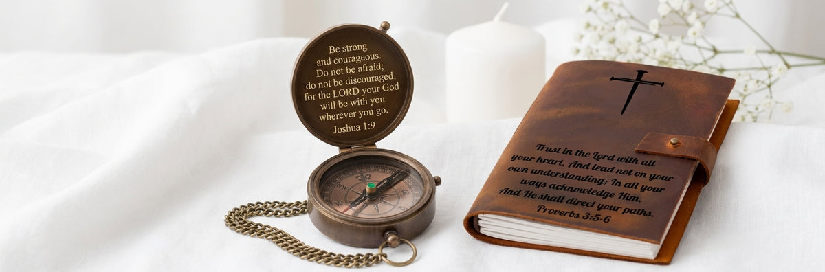 Baptism and godson gifts for boys: brass compass engraved with a cross and Bible verse and a leather prayer journal by SFdizayn