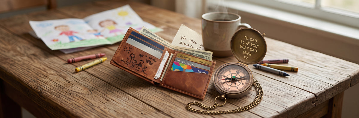 Personalized gifts for dad: leather wallet engraved with a child's drawing and a handwriting compass by SFdizayn