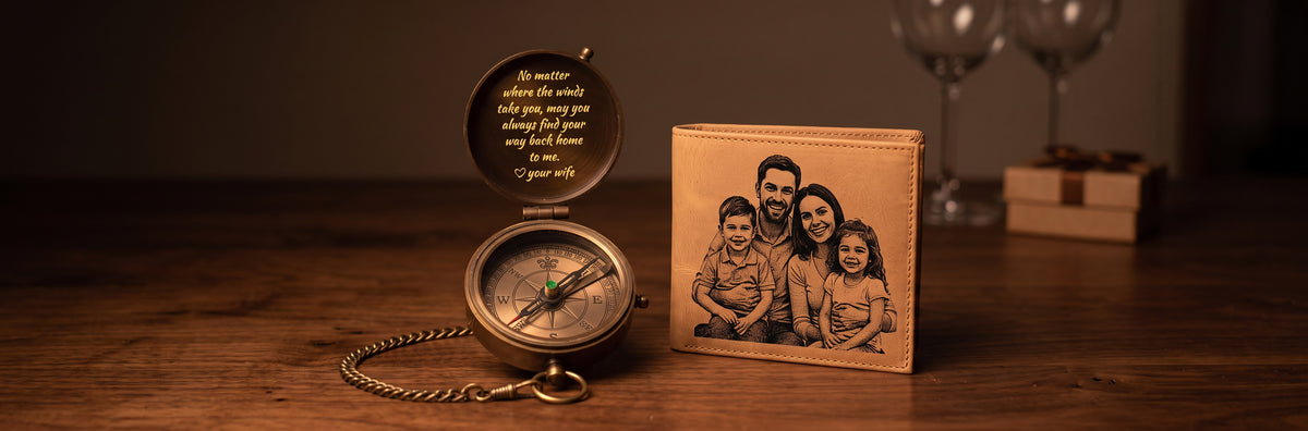 Personalized gifts for husband: engraved brass anniversary compass and leather photo wallet by SFdizayn