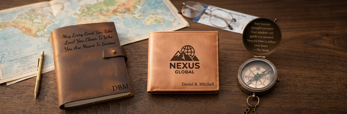 Personalized retirement gifts for men: compass engraved with years of service, leather travel journal and wallet by SFdizayn