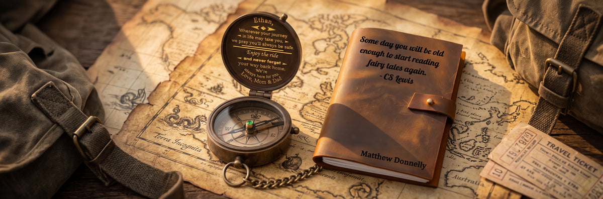 Personalized gifts for son and grandson: engraved brass compass and leather travel journal on a map by SFdizayn