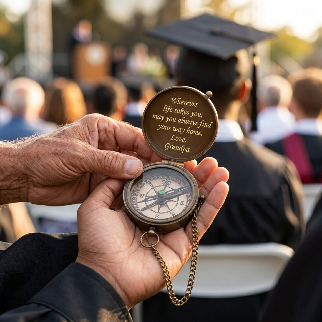 Grandfather giving an engraved brass compass to a graduate as a graduation gift