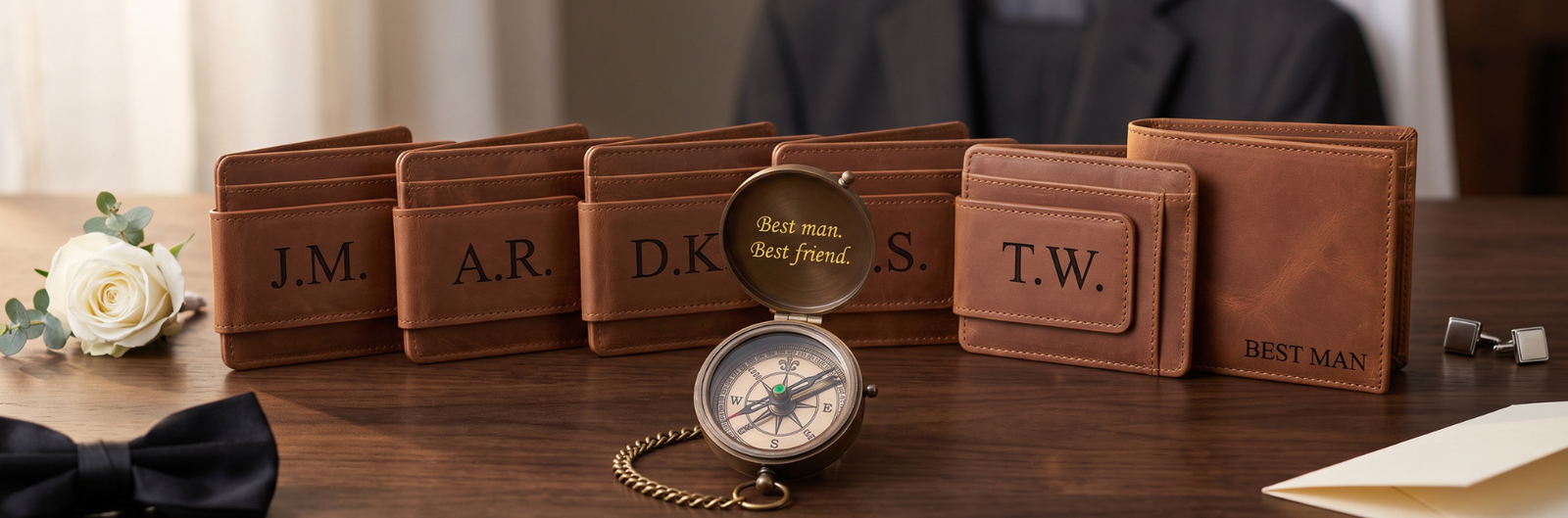 Personalized groomsmen gifts: engraved leather money clip wallets with initials and a brass compass by SFdizayn