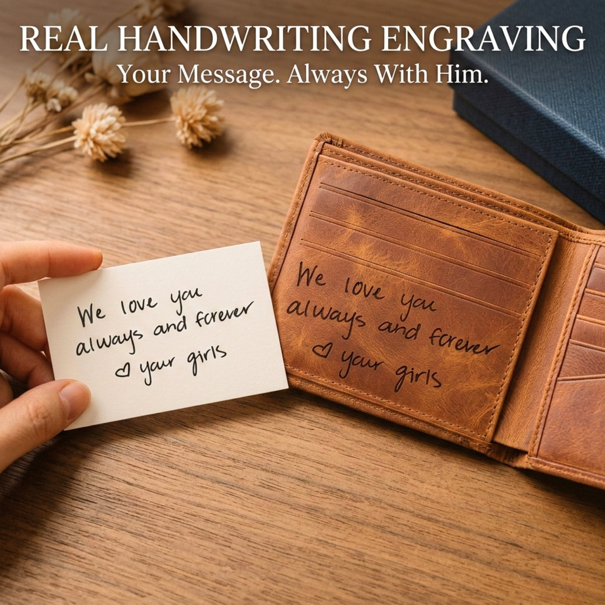 Brown leather wallet with engraved message 'We love you always and forever' next to a handwritten card on a wooden surface.