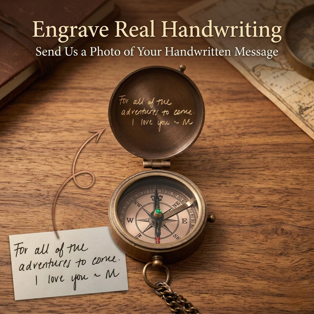 Handwritten message on a piece of paper with a compass and pen, surrounded by envelopes and ribbons.