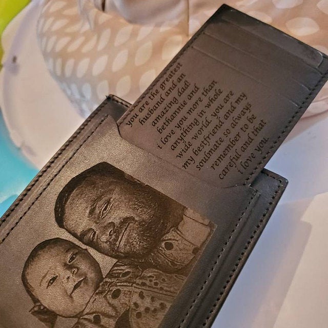 dad and son photo engraving on the leather mens wallet