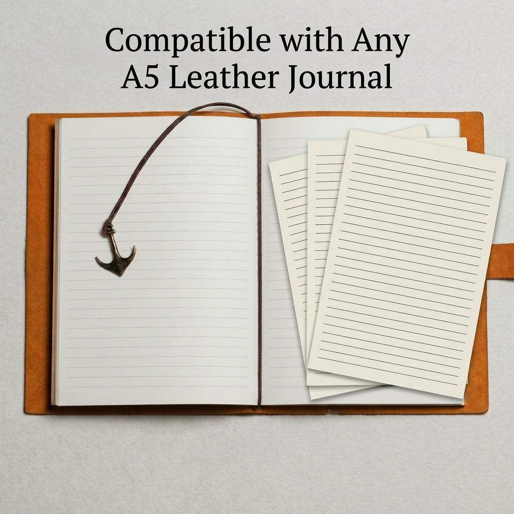 Cream-toned lined refill pages for a leather diary