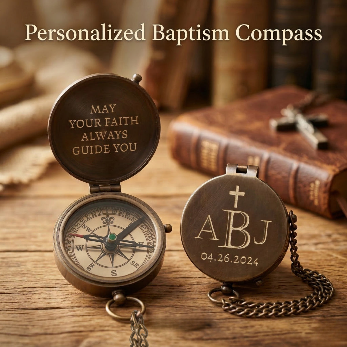 Personalized baptism compass with engraved text on a wooden surface