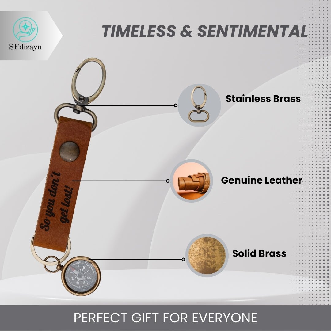 Personalized genuine leather compass keychain with custom engraving – SFDizayn