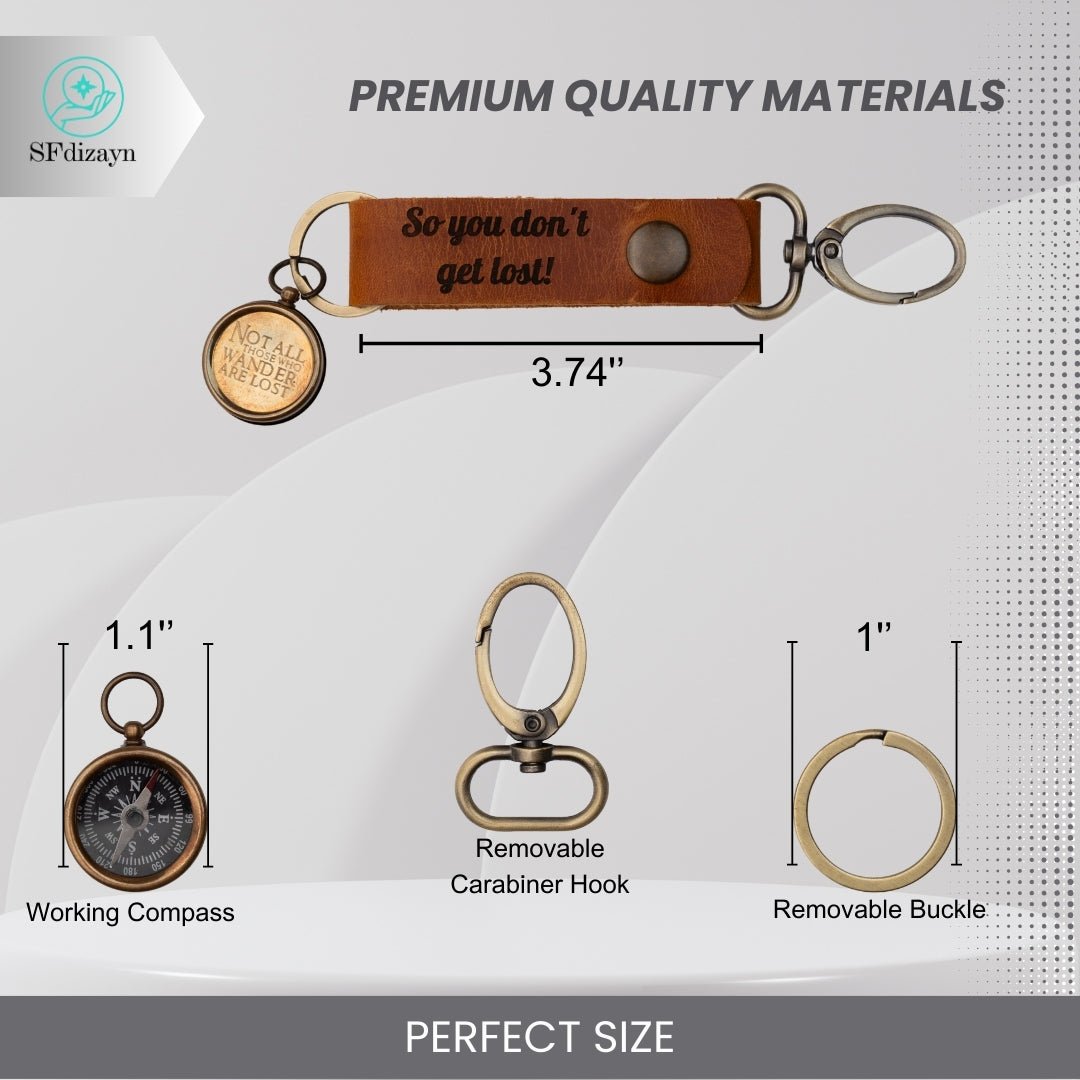 Personalized genuine leather compass keychain with custom engraving – SFDizayn