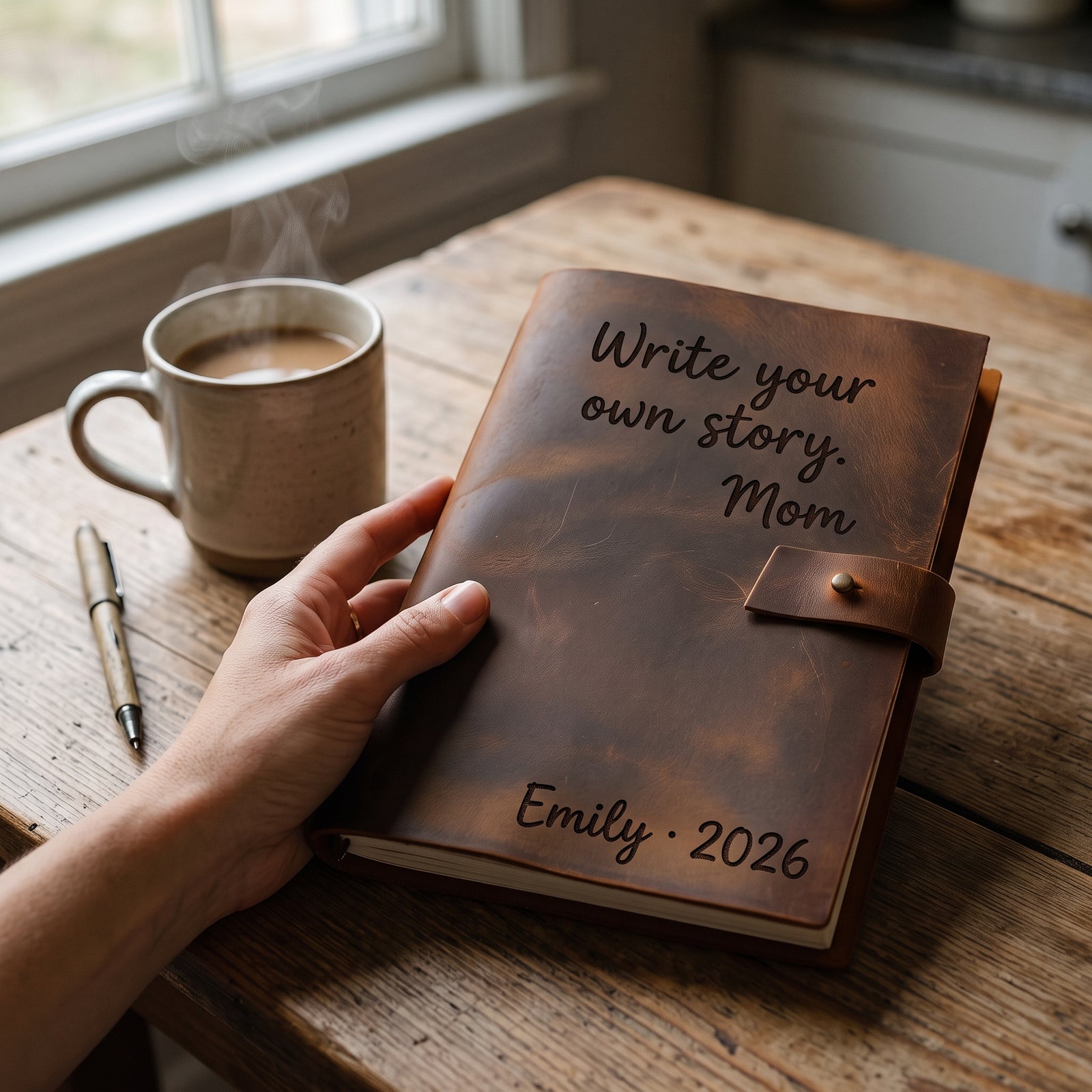 Personalized leather journal with a handwritten engraved note on a kitchen table