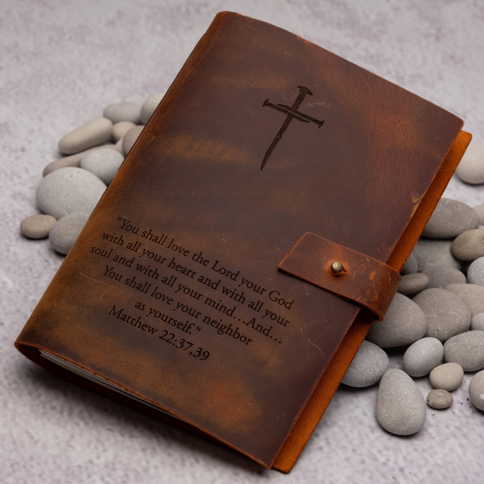 Personalized leather journal with Bible verse engraving and cross symbol – handmade Christian prayer notebook