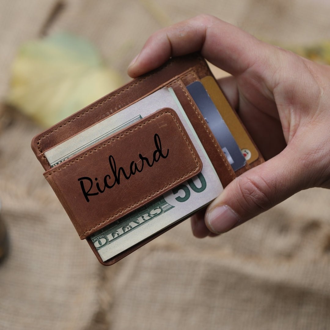 Custom engraved brown leather money clip for men – personalized with photo, name, or initials – SFDizayn