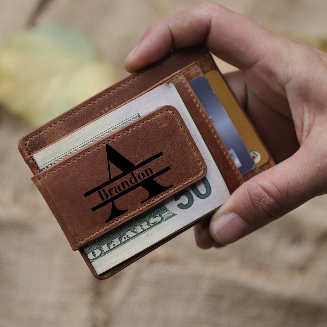 Custom engraved brown leather money clip for men – personalized with photo, name, or initials – SFDizayn