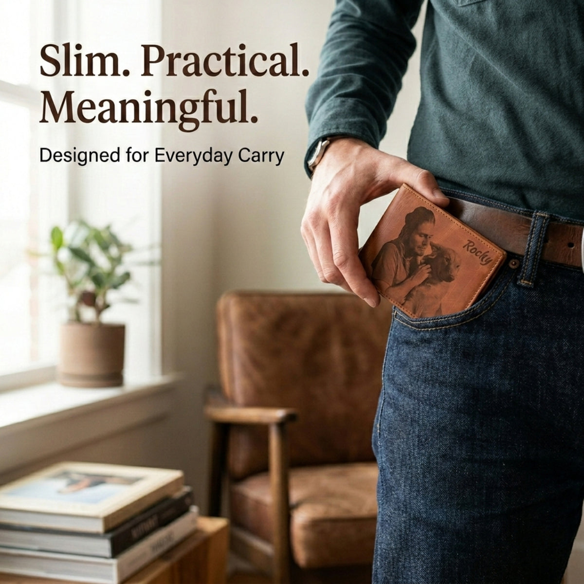 Person holding a leather wallet with a photo of a man on it, in a home setting.