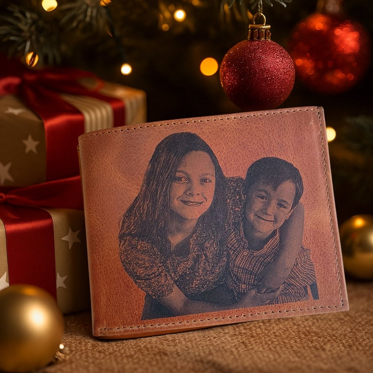 Custom engraved brown leather wallet with personalized photo and initials – a slim, minimalist gift for men, dad, or boyfriend for Father’s Day, Christmas, or anniversary.