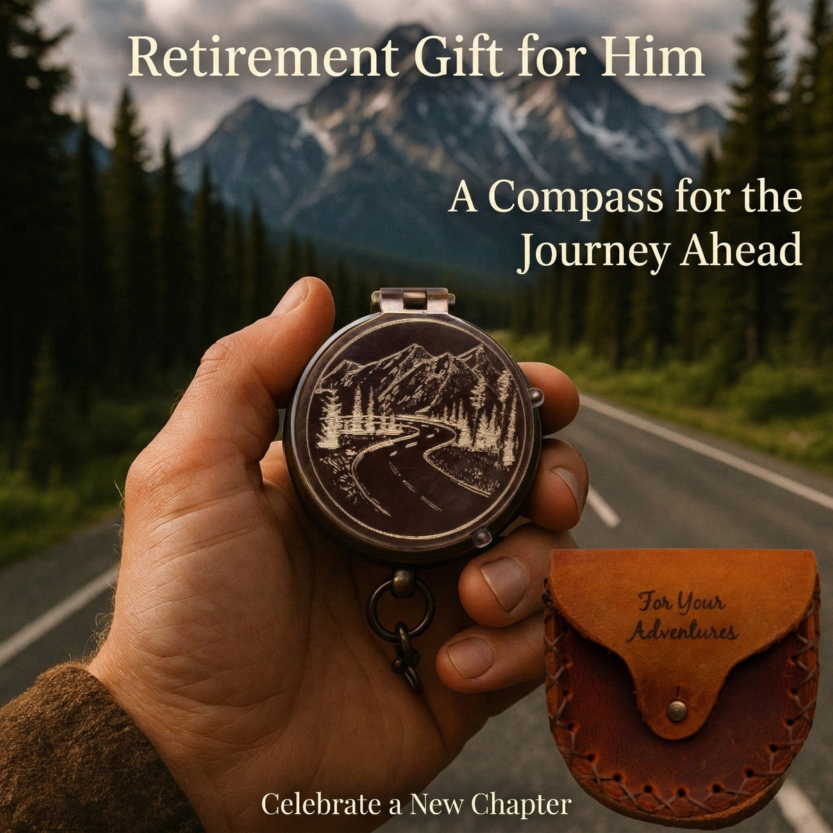 Hand holding a compass with a scenic design, set against a mountainous landscape.