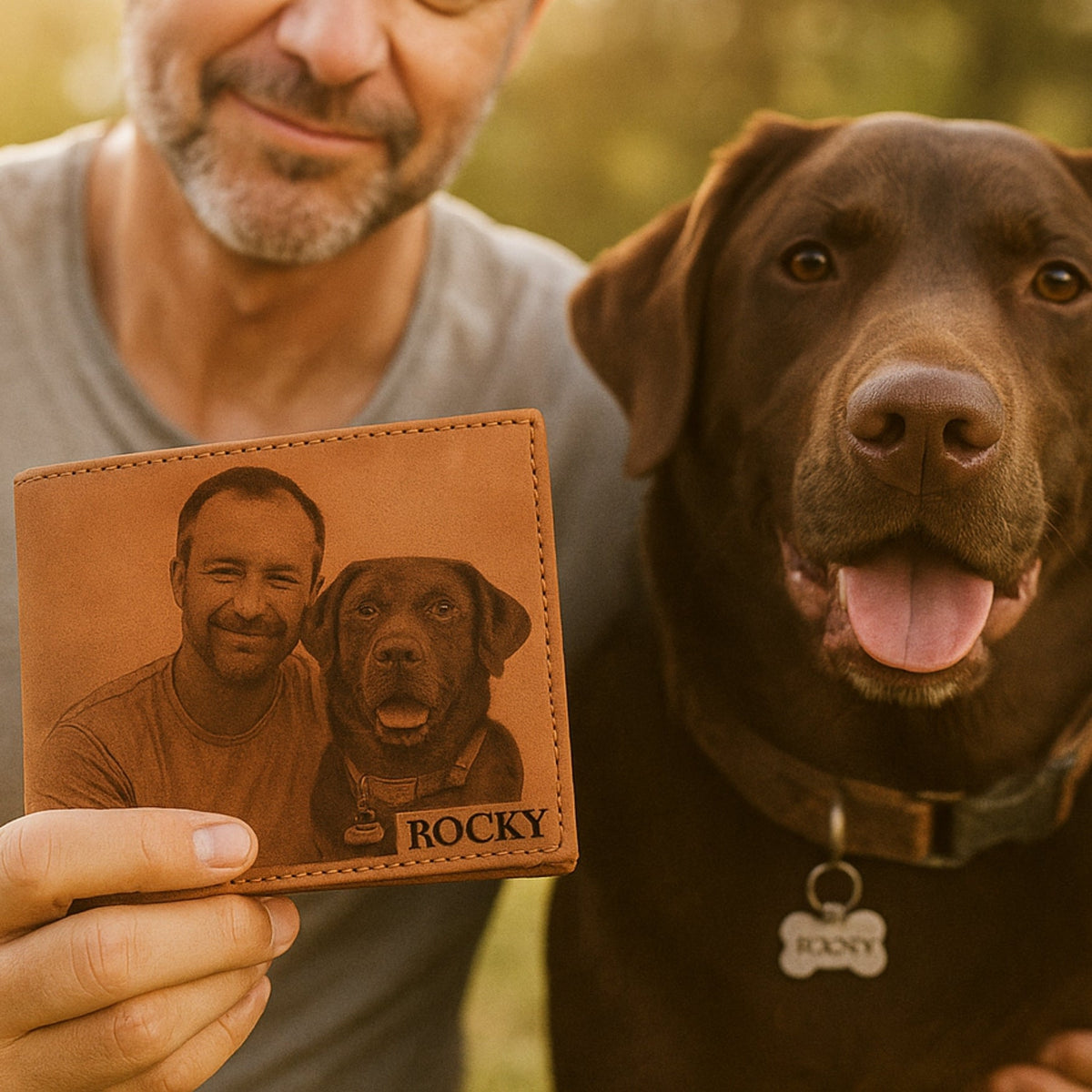 Man holding a leather wallet with a dog&#39;s portrait and name, standing next to a brown dog outdoors.