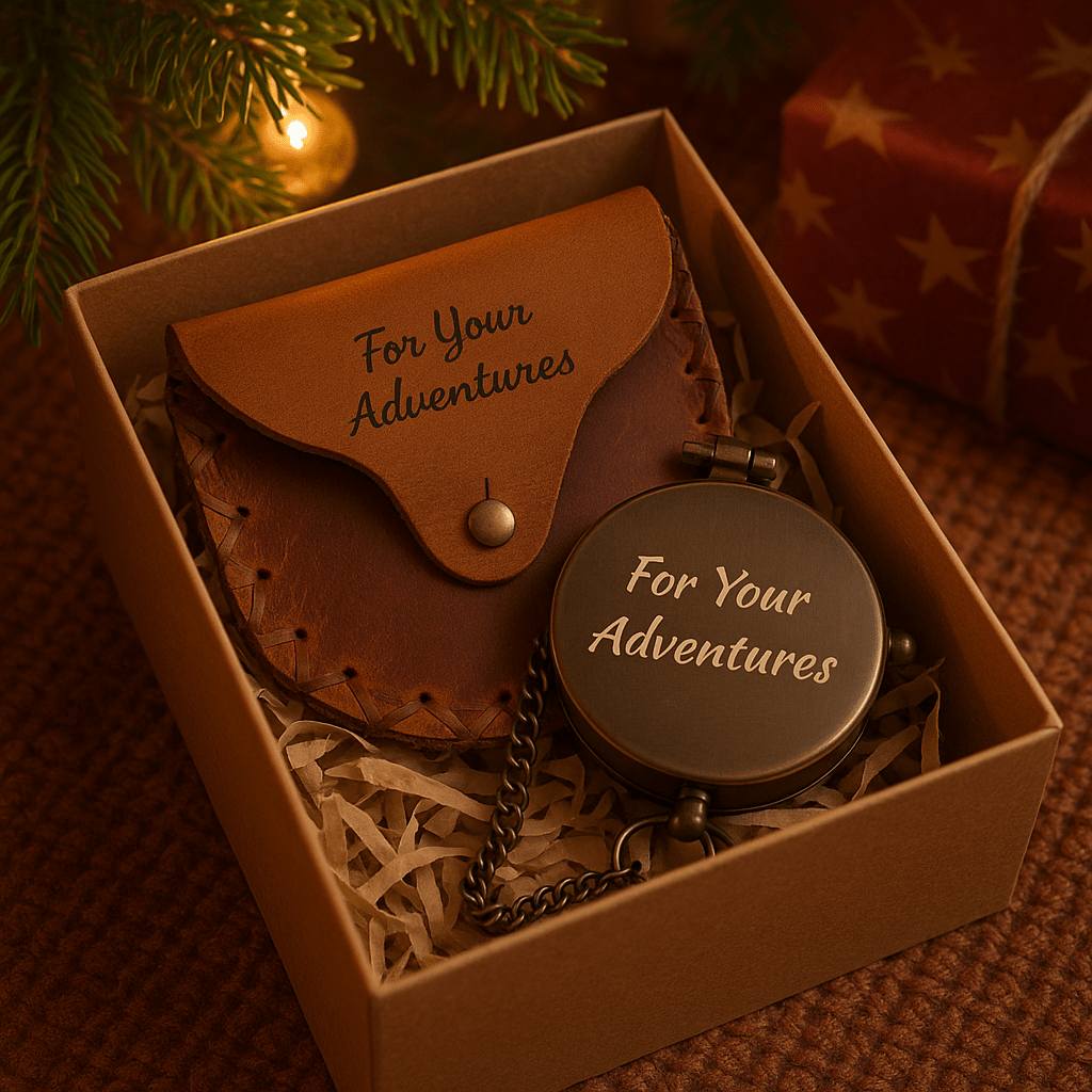 Brown leather pouch and pocket watch set in a box with 'For Your Adventures' text, Christmas tree and gift in background.