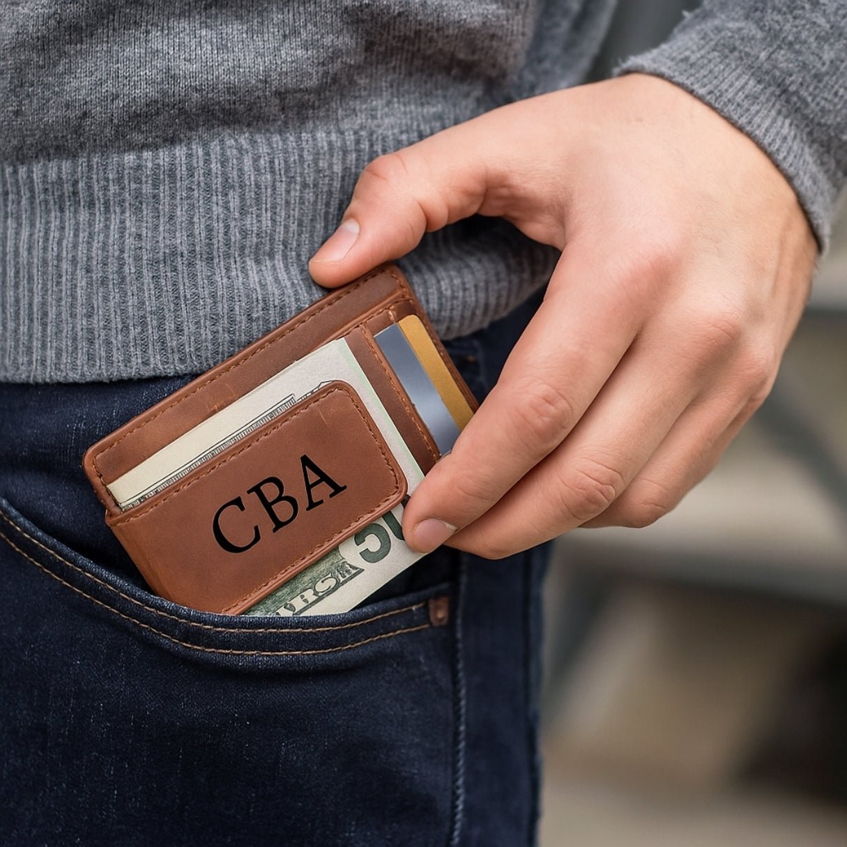 Ultraslim brown leather wallet for men — personalized and custom engraved with monogram, name, or photo, this minimalist money clip design includes a strong magnetic cash clip, ID window, and thin profile ideal for a modern front pocket.
