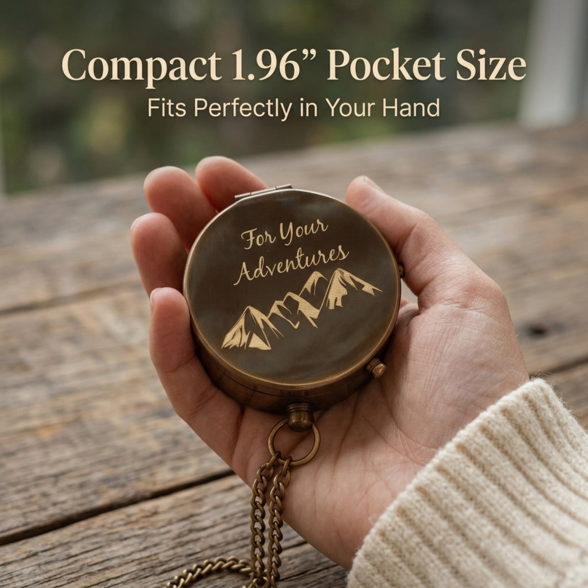 Hand holding a compact compass with mountain design and text 'For Your Adventures' on a wooden surface.