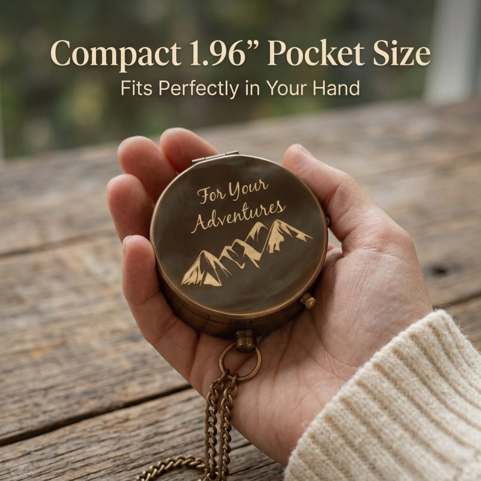Hand holding a compact compass with mountain design and text 'For Your Adventures' on a wooden surface.