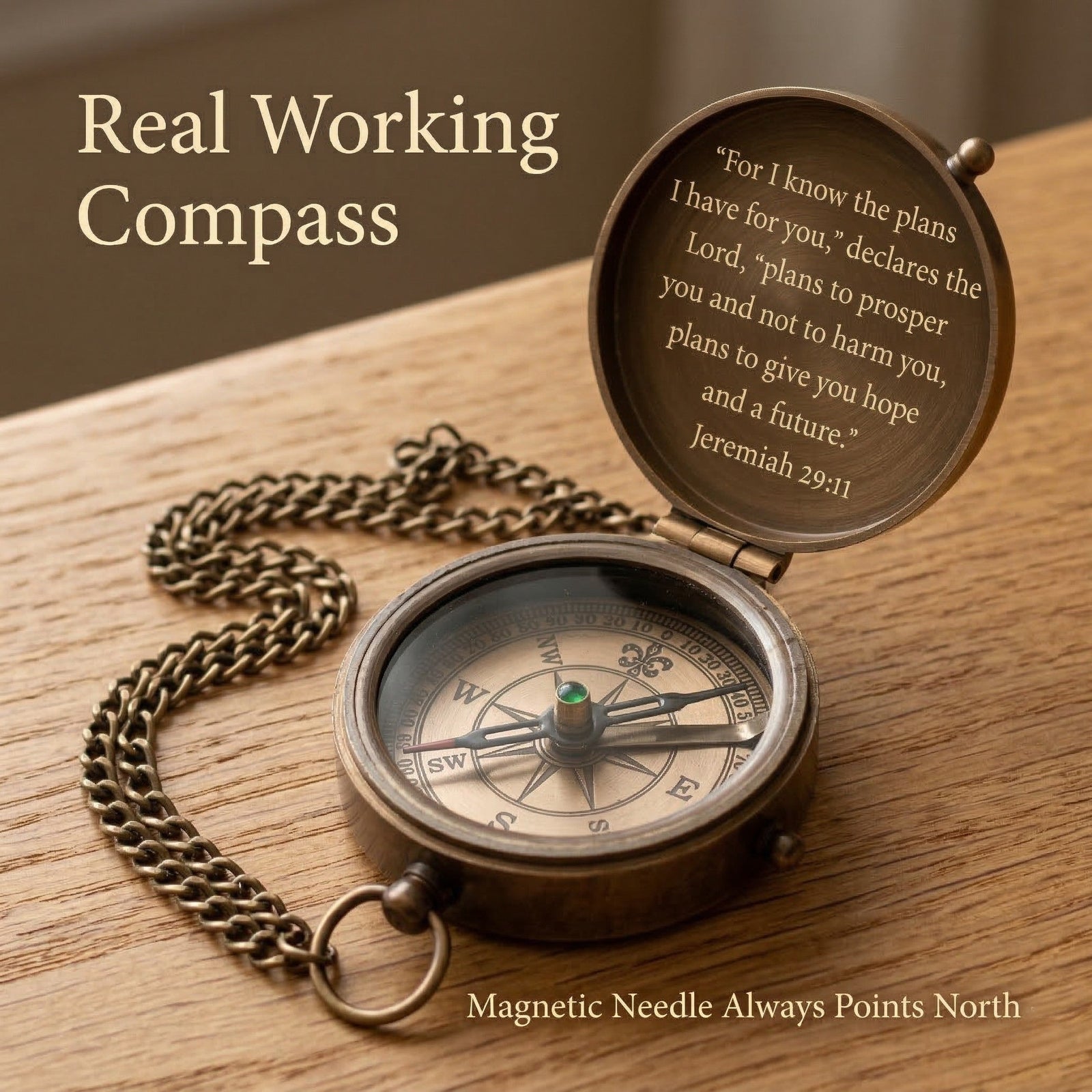 Vintage-style compass with engraved text on a wooden surface