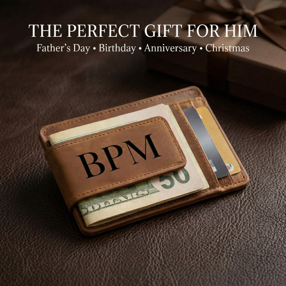 Brown leather wallet with monogram 'BPM' on a dark background, labeled as a gift for men on special occasions.