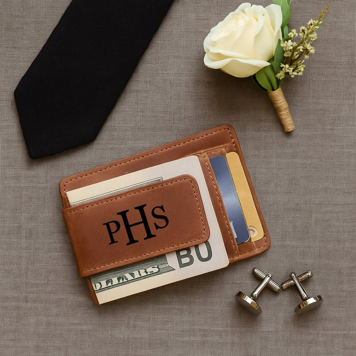 Custom engraved wallet for men — made of genuine brown leather, this minimalist money clip combines a small, thin, ultraslim profile with a magnetic closure, ID window, and personalized monogram or photo, perfect as a sleek front pocket designer card holder.
