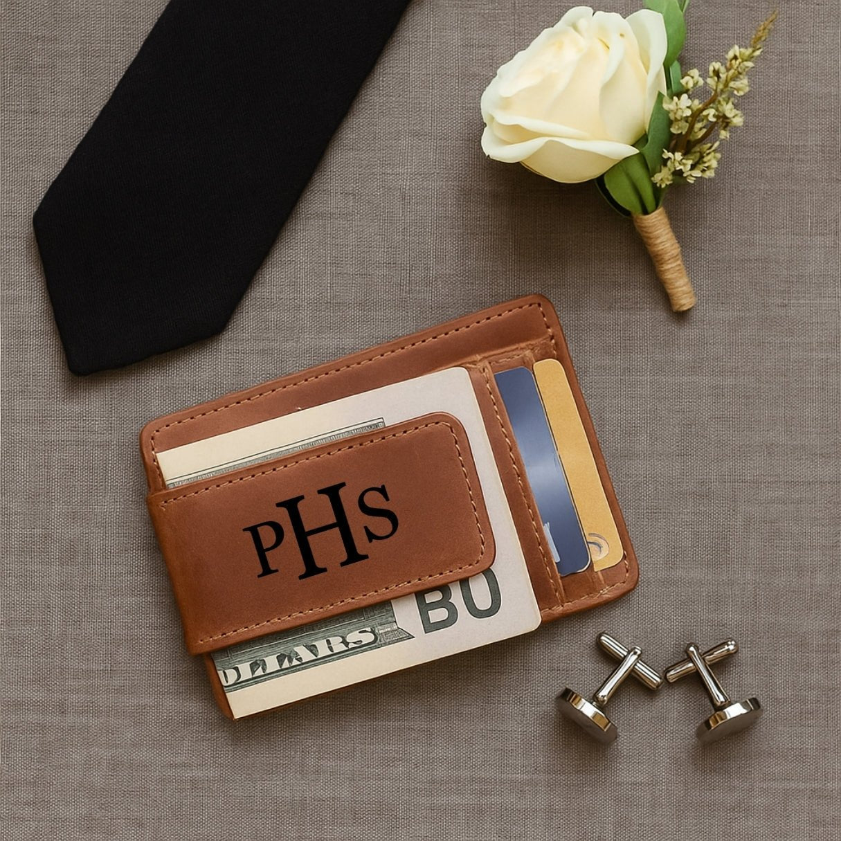 Custom engraved wallet for men — made of genuine brown leather, this minimalist money clip combines a small, thin, ultraslim profile with a magnetic closure, ID window, and personalized monogram or photo, perfect as a sleek front pocket designer card holder.